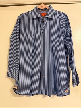 TALLIA Blue and White Vertical Stripe Dress Shirt